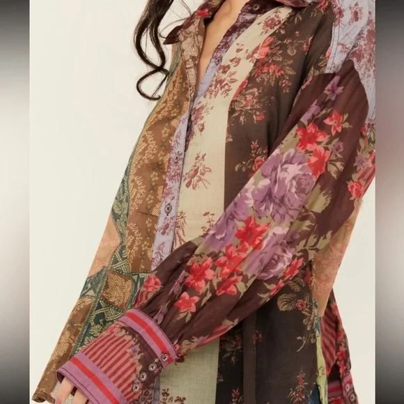 Free People We The Free Patchwork Floral Button Down Blouse Boho Cottagecore  XS - Picture 12 of 14